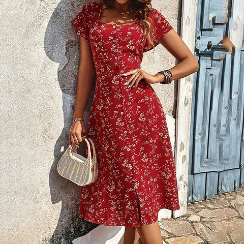 Summer Floral Print Maxi Dress Women Button Up Split Long Flowy Bohemian Beach Party Dresses