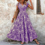 Women's Sexy V-Neck Short Sleeve Maxi Dress Summer Prints And Flowy Big Hem Beach Dresses