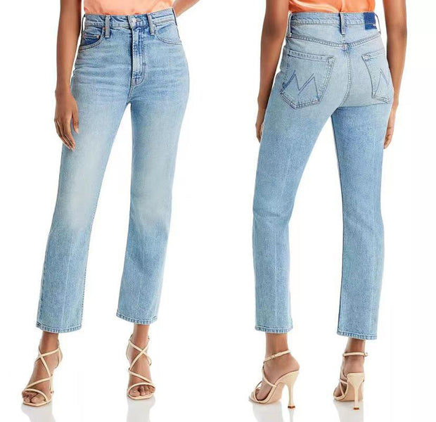 High Waist Light Blue Stretch Slim-fitting Small Straight Cropped Jeans For Women